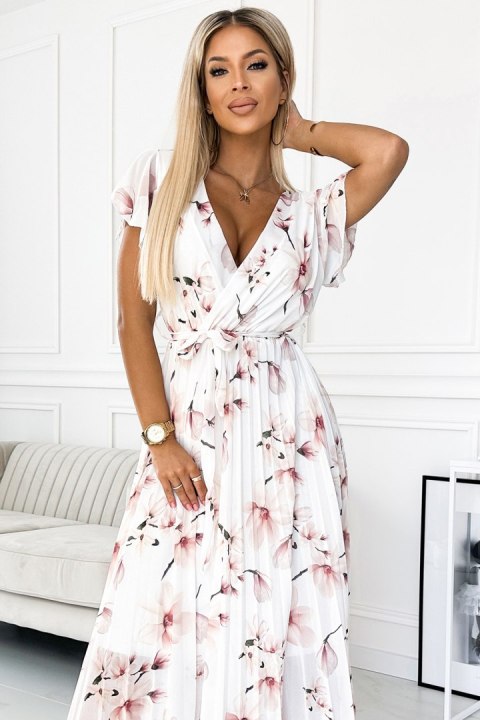 434-4 LISA Plisowana sukienka midi z dekoltem i falbankami - kwiat brzoskwini na białym tle - UNI