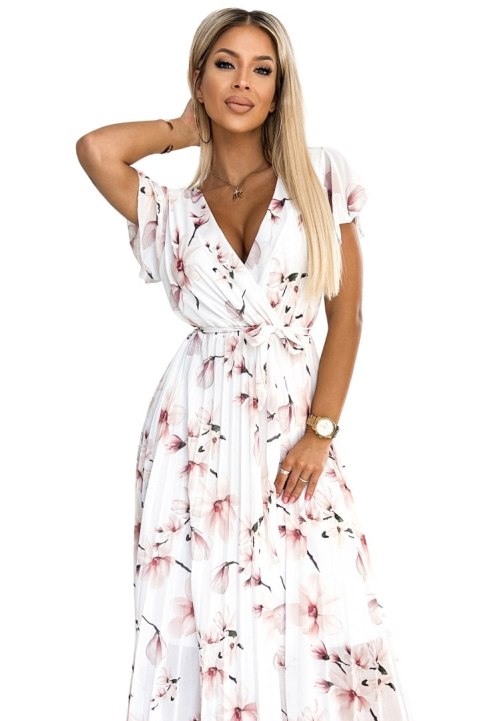 434-4 LISA Plisowana sukienka midi z dekoltem i falbankami - kwiat brzoskwini na białym tle - UNI