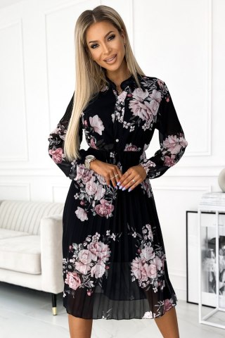 449-3 CARLA Plisowana sukienka midi z guziczkami i długim rękawkiem - RÓŻE na czarnym tle - UNI