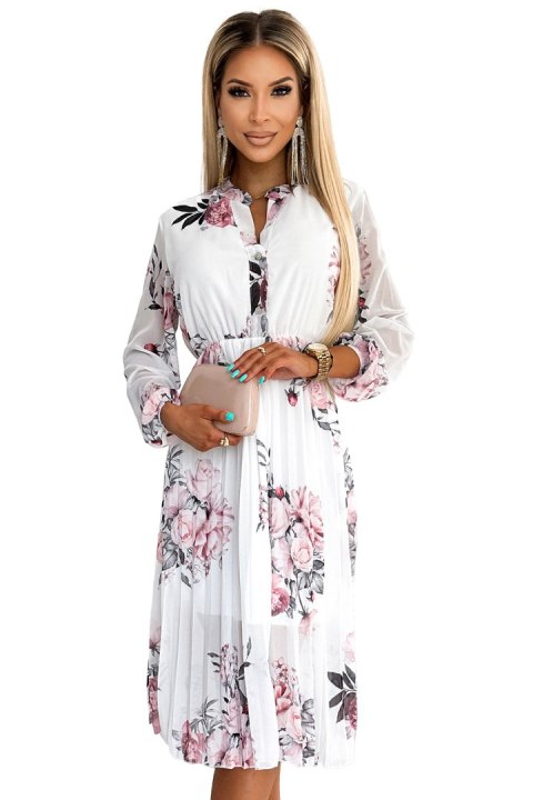449-6 CARLA Plisowana sukienka midi z guziczkami i długim rękawkiem - RÓŻE na białym tle - UNI 449-6 CARLA Plisowana sukienka midi z guziczkami i długim rękawkiem - RÓŻE na białym tle - UNI