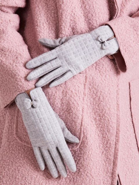 Rękawiczki skórzano-akrylowe w kratkę z kokardką szare L/XL Rękawiczki skórzano-akrylowe w kratkę z kokardką szare L/XL