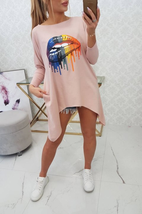 Bluzka oversize z nadrukiem tęczowych ust ciemny pudrowy róż