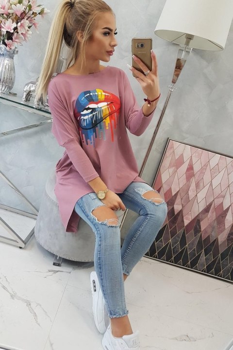 Bluzka oversize z nadrukiem tęczowych ust ciemny różowy
