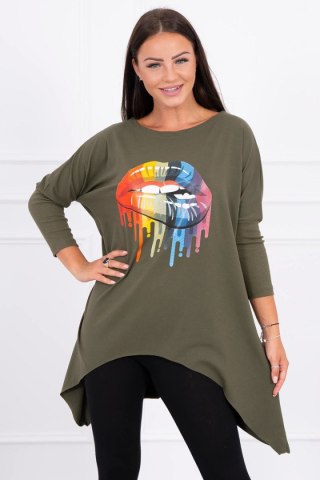 Bluzka oversize z nadrukiem tęczowych ust khaki