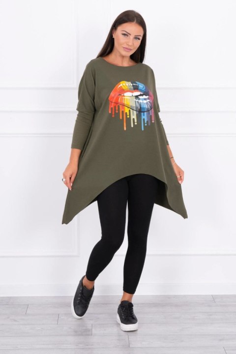 Bluzka oversize z nadrukiem tęczowych ust khaki