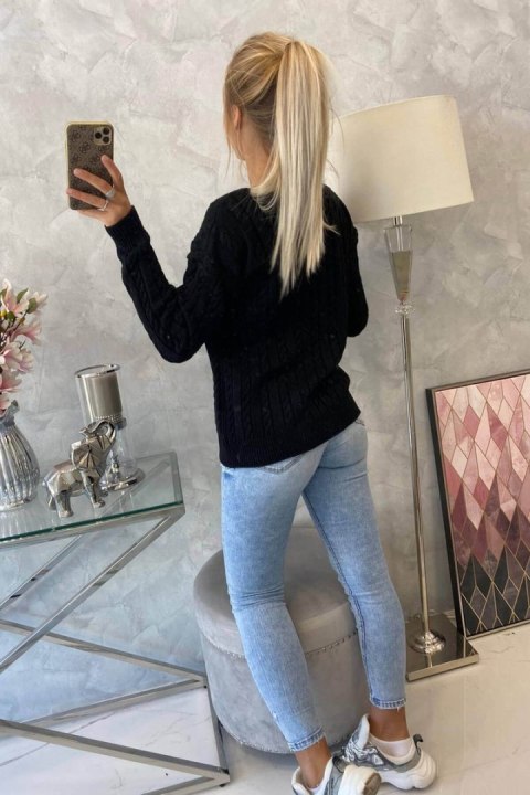 Sweter pleciony z dekoltem V czarny, modny warkoczowy splot Sweter pleciony z dekoltem V czarny, modny warkoczowy splot