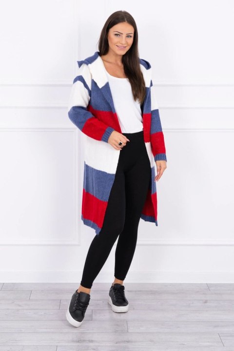 Sweter w pasy trzykolorowy ecru+jeans+czerwony