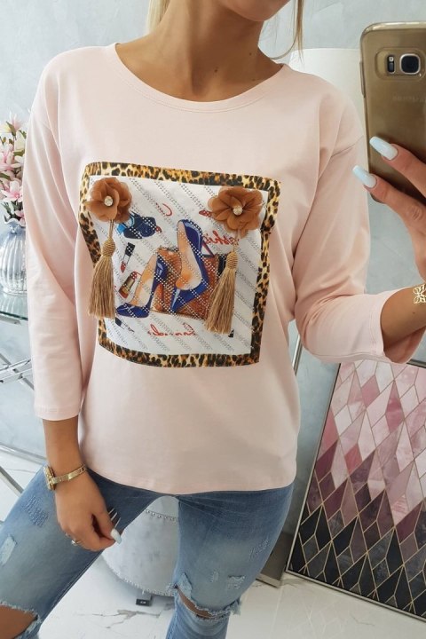 Bluzka z grafiką 3D i ozdobnymi chwostami pudrowy róż