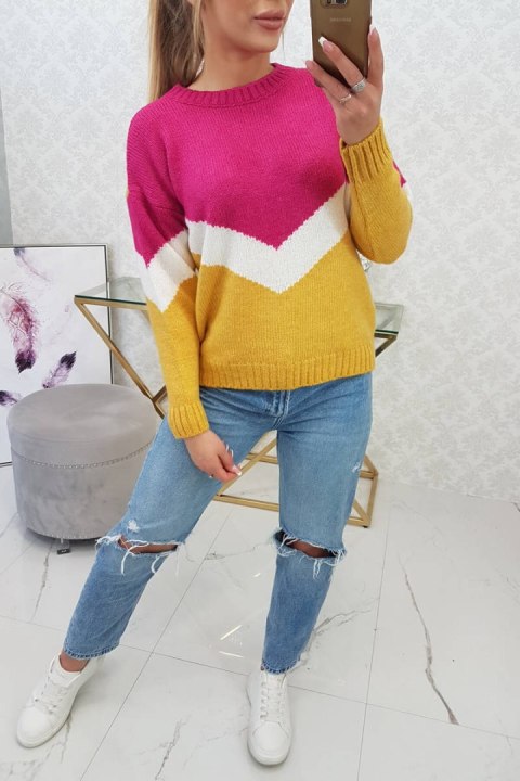 Sweter w geometryczne wzory fuksja+musztardowy