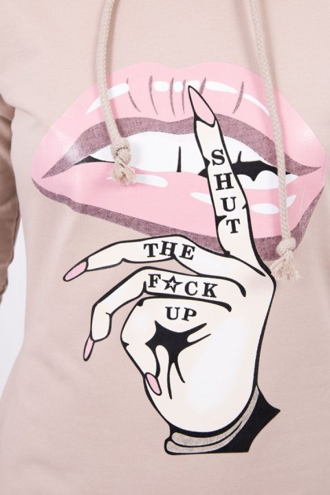 Sukienka z dłuższym tyłem i kolorowym nadrukiem beżowa