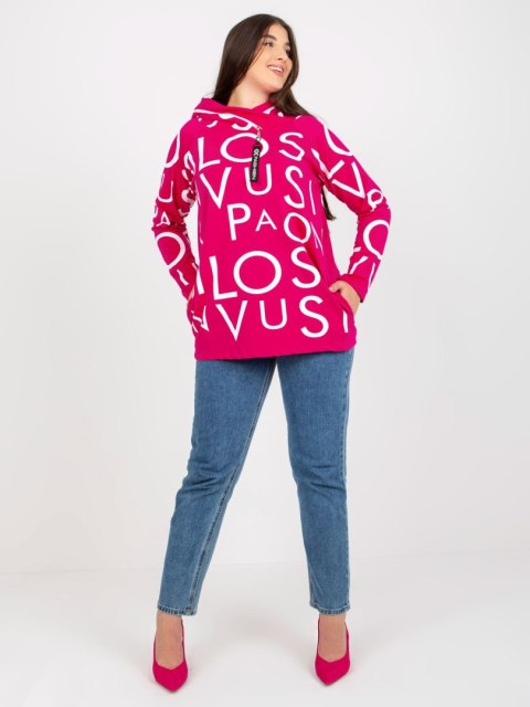 Bluza fuksjowa z kapturem i napisami, kieszenie plus size Bluza fuksjowa z kapturem i napisami, kieszenie plus size