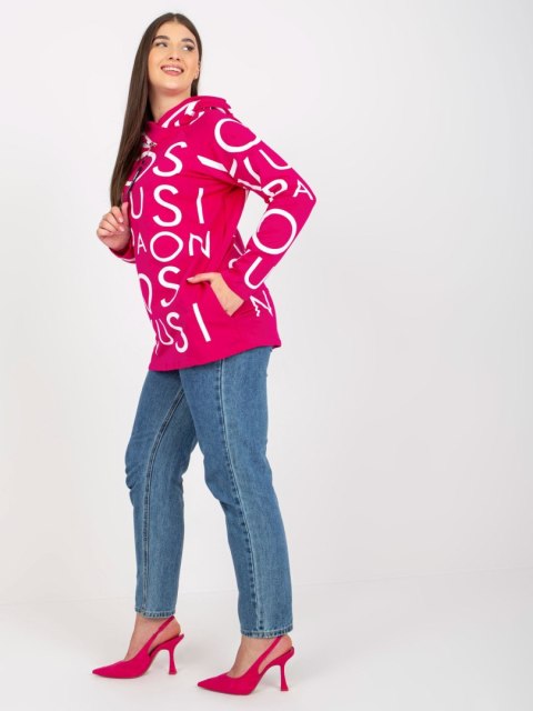 Bluza fuksjowa z kapturem i napisami, kieszenie plus size Bluza fuksjowa z kapturem i napisami, kieszenie plus size