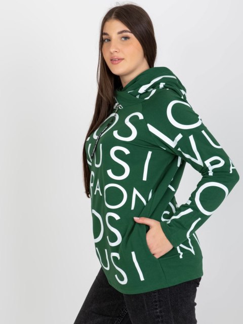 Bluza zielona z kapturem i napisami, kieszenie plus size Bluza zielona z kapturem i napisami, kieszenie plus size