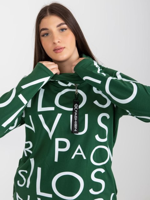Bluza zielona z kapturem i napisami, kieszenie plus size Bluza zielona z kapturem i napisami, kieszenie plus size