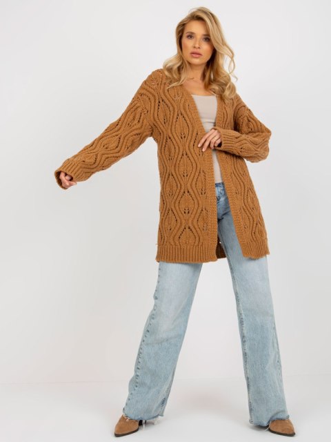 Kardrigan sweter narzuta ażurowa camelowa z wełną Kardrigan sweter narzuta ażurowa camelowa z wełną