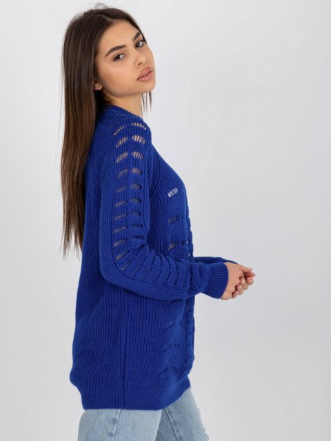 Sweter luźny, ażurowy kobaltowy z wełną one size