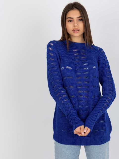 Sweter luźny, ażurowy kobaltowy z wełną one size