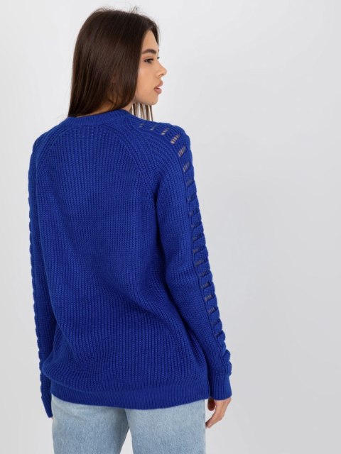 Sweter luźny, ażurowy kobaltowy z wełną one size