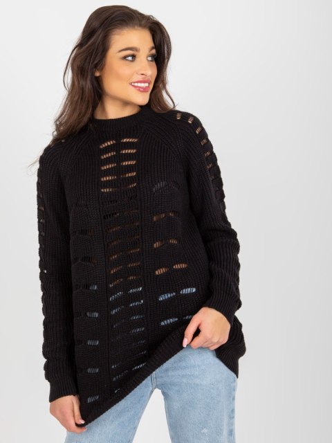 Sweter luźny, ażurowy czarny z wełną one size Sweter luźny, ażurowy czarny z wełną one size