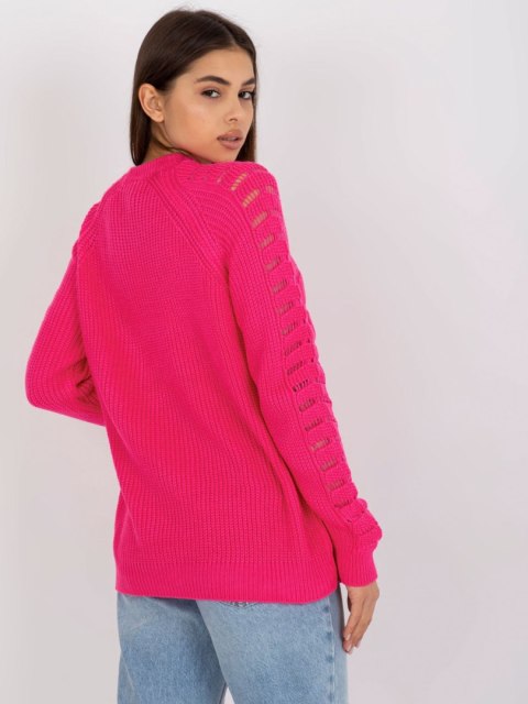 Sweter luźny, ażurowy fluo różowy z wełną one size Sweter luźny, ażurowy fluo różowy z wełną one size