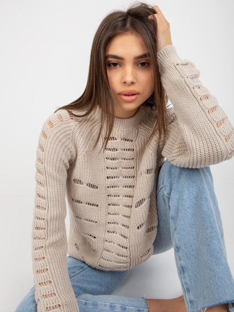 Sweter luźny, ażurowy beżowy z wełną one size Sweter luźny, ażurowy beżowy z wełną one size