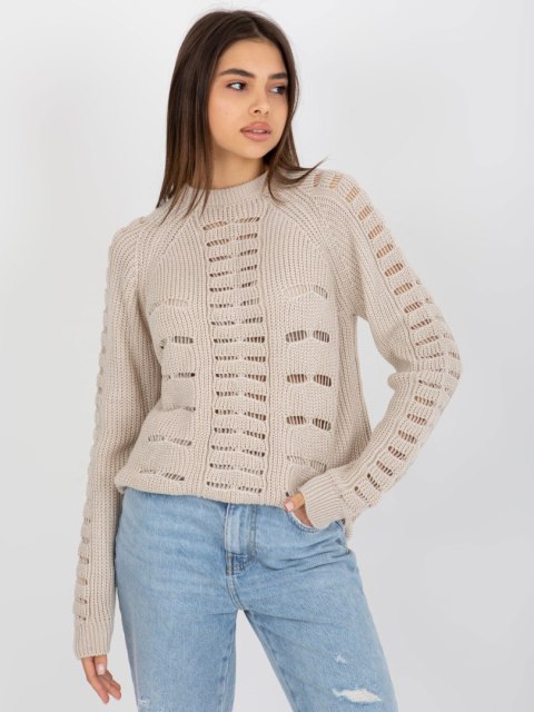 Sweter luźny, ażurowy beżowy z wełną one size Sweter luźny, ażurowy beżowy z wełną one size