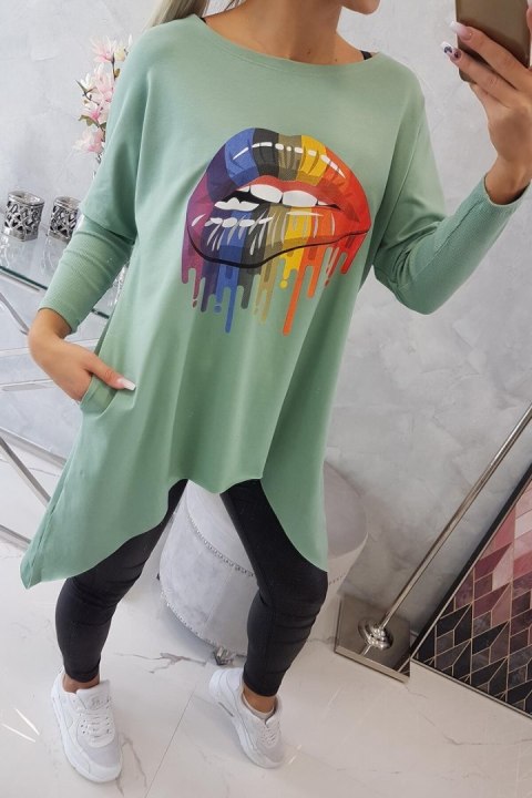 Bluzka oversize z nadrukiem tęczowych ust ciemny miętowy