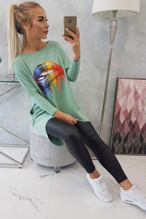 Bluzka oversize z nadrukiem tęczowych ust ciemny miętowy