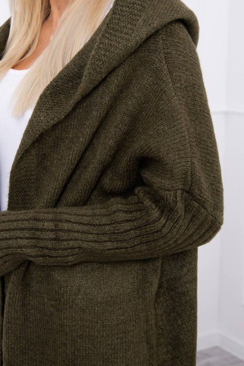 Sweter kardrigan z kapturem khaki akrylowy długi