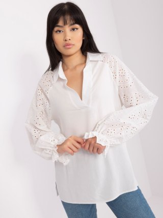 Ecru bluzka damska koszulowa z haftem i kołnierzem L/XL – styl boho