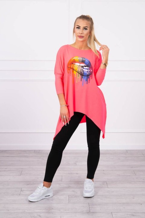 Bluzka oversize z nadrukiem tęczowych ust różowy neon