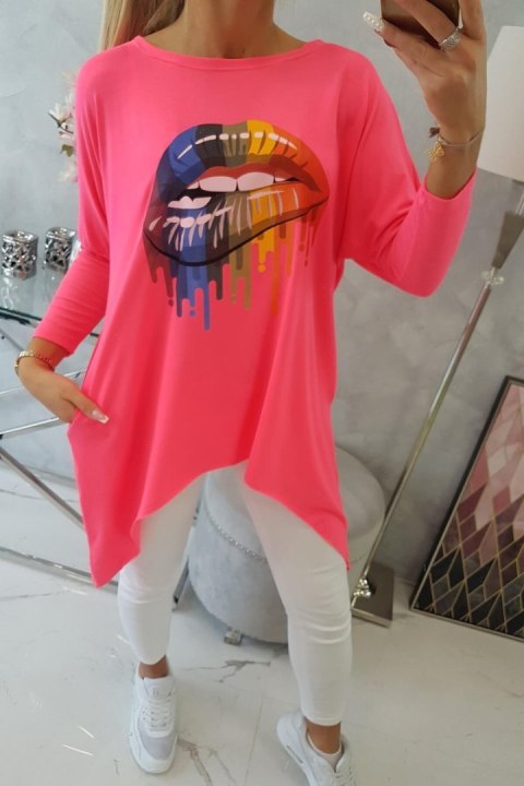 Bluzka oversize z nadrukiem tęczowych ust różowy neon