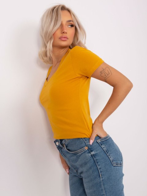 Żółty t-shirt basic z dekoltem w serek krótki rękaw Żółty t-shirt basic z dekoltem w serek krótki rękaw