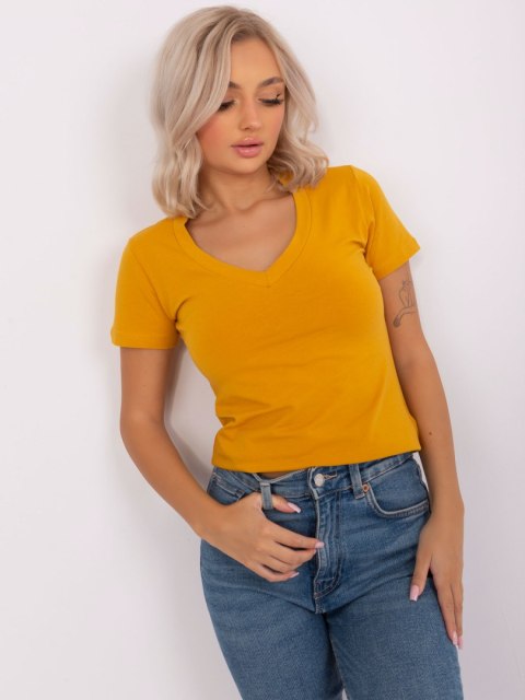 Żółty t-shirt basic z dekoltem w serek krótki rękaw Żółty t-shirt basic z dekoltem w serek krótki rękaw