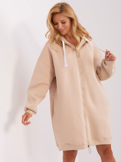 Beżowa długa bluza basic z kapturem i kieszeniami Beżowa długa bluza basic z kapturem i kieszeniami