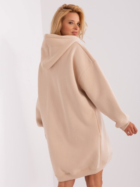 Beżowa długa bluza basic z kapturem i kieszeniami Beżowa długa bluza basic z kapturem i kieszeniami