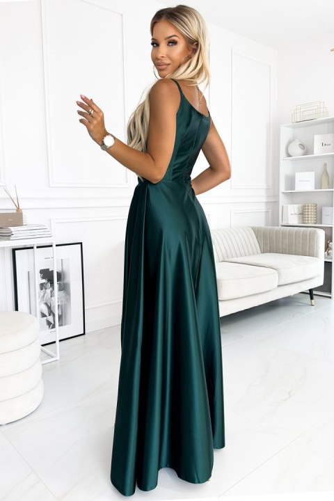 299-9 CHIARA elegancka maxi satynowa suknia na ramiączkach - ZIELEŃ BUTELKOWA - S