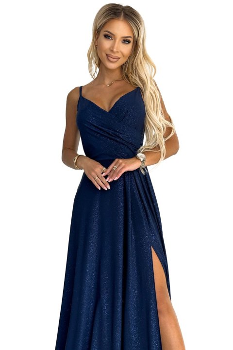 299-10 CHIARA elegancka maxi suknia na ramiączkach - GRANATOWA Z BROKATEM - L
