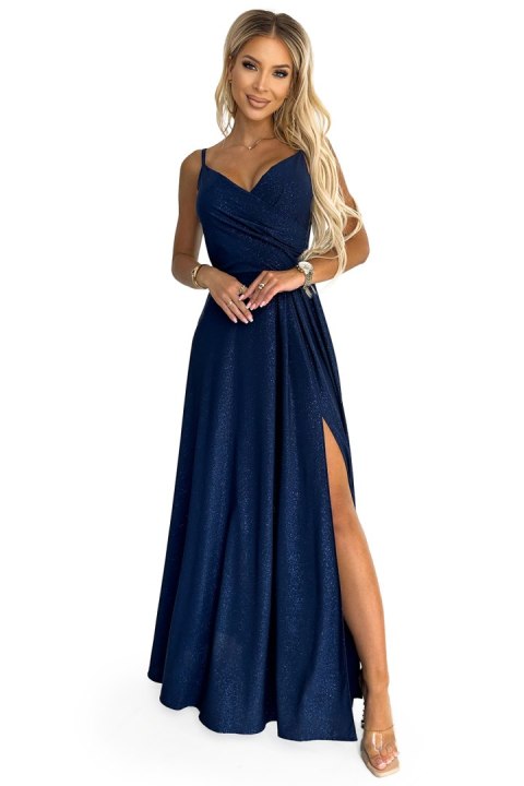 299-10 CHIARA elegancka maxi suknia na ramiączkach - GRANATOWA Z BROKATEM - XL