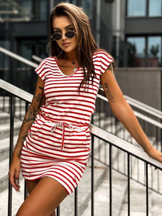 Sukienka codzienna ecru w czerwone paski mini 2XL