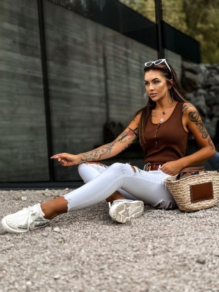Top brązowy basic w prążek z zapieciem przy dekolcie XL
