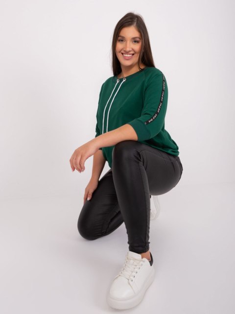 Bluza damska ciemno zielona z troczkami plus size rękaw 3/4 Bluza damska ciemno zielona z troczkami plus size rękaw 3/4