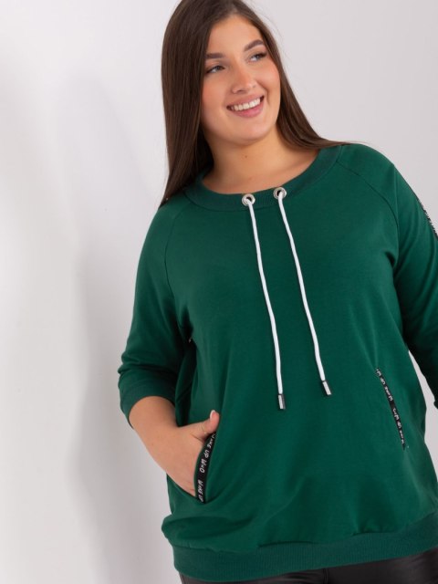 Bluza damska ciemno zielona z troczkami plus size rękaw 3/4 Bluza damska ciemno zielona z troczkami plus size rękaw 3/4
