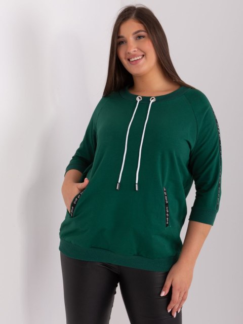 Bluza damska ciemno zielona z troczkami plus size rękaw 3/4 Bluza damska ciemno zielona z troczkami plus size rękaw 3/4