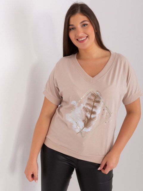 Bluzka t-shirt beżowy z nadrukiem pióro plus size Bluzka t-shirt beżowy z nadrukiem pióro plus size