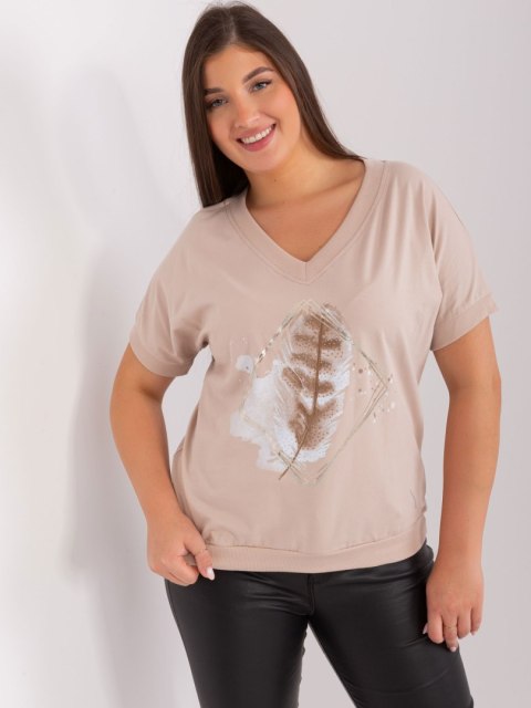 Bluzka t-shirt beżowy z nadrukiem pióro plus size Bluzka t-shirt beżowy z nadrukiem pióro plus size