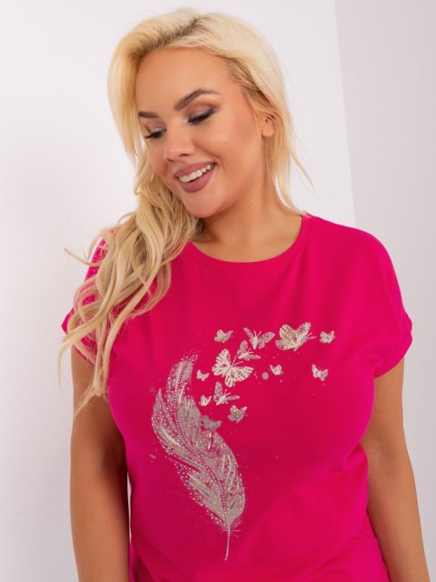 Bluzka fuksjowa plus size z aplikacją piórko i wiązaniem