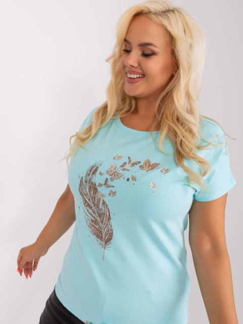 Bluzka miętowa plus size z aplikacją piórko i wiązaniem Bluzka miętowa plus size z aplikacją piórko i wiązaniem