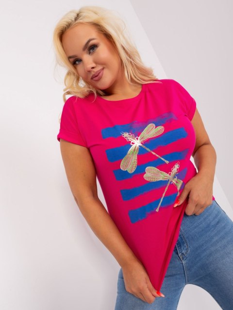 Bluzka T-shirt ważka fuksjowa plus size wywijany rękaw Bluzka T-shirt ważka fuksjowa plus size wywijany rękaw