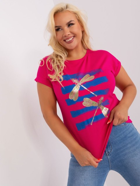 Bluzka T-shirt ważka fuksjowa plus size wywijany rękaw Bluzka T-shirt ważka fuksjowa plus size wywijany rękaw